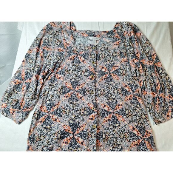 GARNET HILL Blouse Top Womens Sz L Blue Multi Square Neck 3/4 Balloon Sleeve - Picture 1 of 6
